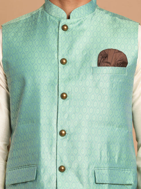 Men's Green Jacquard Nehru Jacket With Kurta Pyjama Set